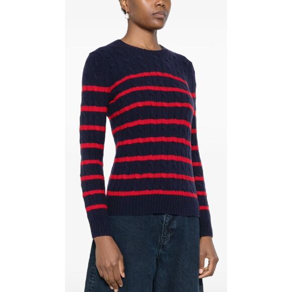 LAUREN Ralph Lauren Black Red Stripe Cable Knit Sweater Size Medium Women's - Picture 1 of 8